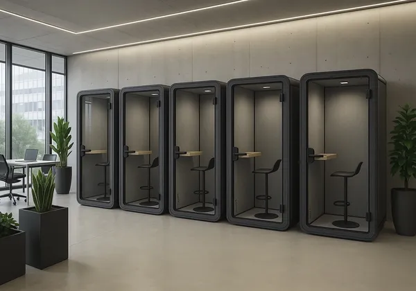 A row of single-person acoustic phone booths in an open-plan office