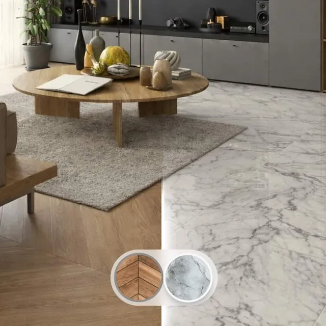 A living room floor split between chevron oak and marble tile previews