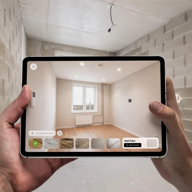iPad with finish swatches for selecting wall paint in an unfinished room