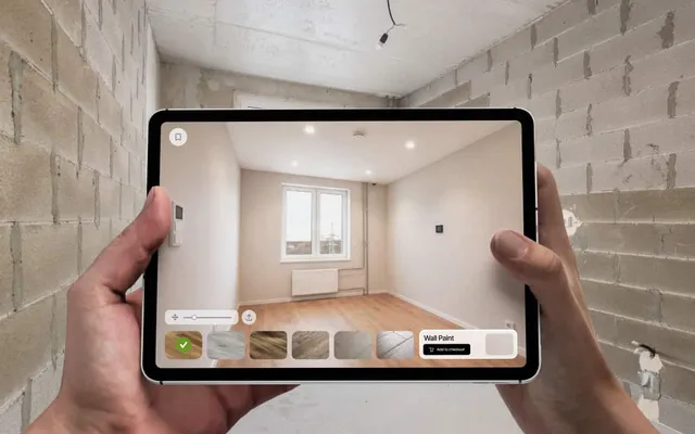 Finishes previewed on an iPad inside an unfinished apartment