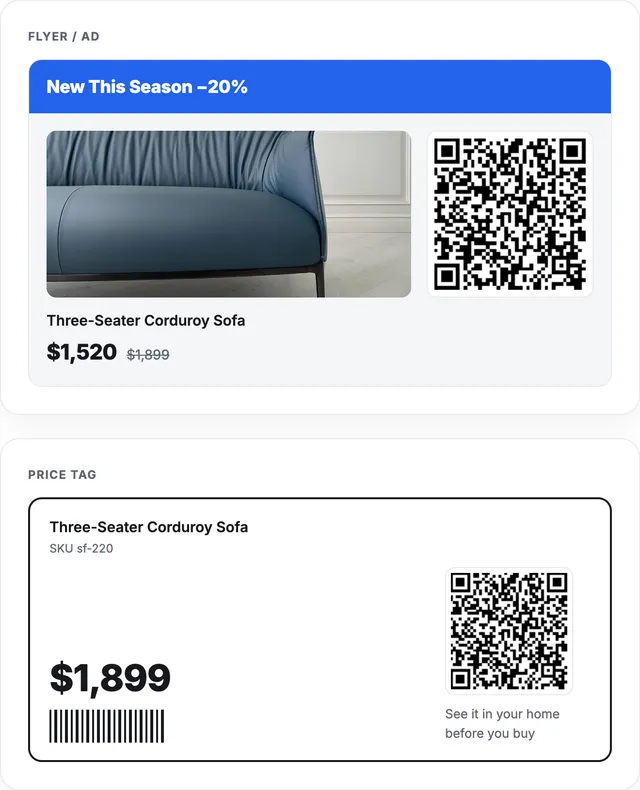 A flyer and a price tag with live QR codes that open the product in AR