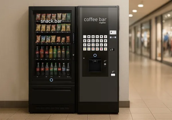 A snack vending machine and a coffee machine side by side in a mall