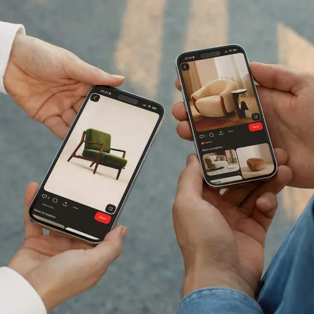 Two shoppers saving furniture products to boards on their phones