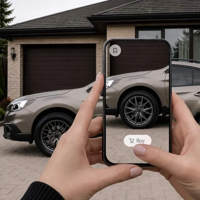 Customer previewing new wheels on their car from a phone in the driveway