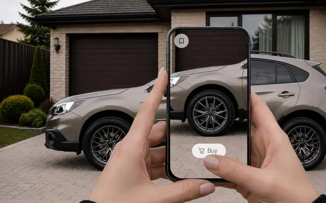 A customer previewing new wheels on their car with a phone in the driveway