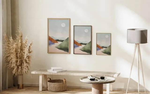 A framed print previewed on a real wall with size and frame switching