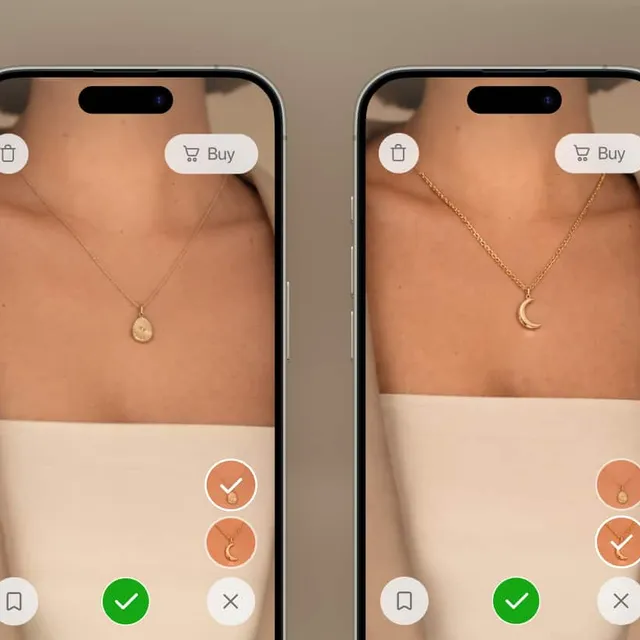 Virtual try-on of two necklace pendants compared side by side on a phone