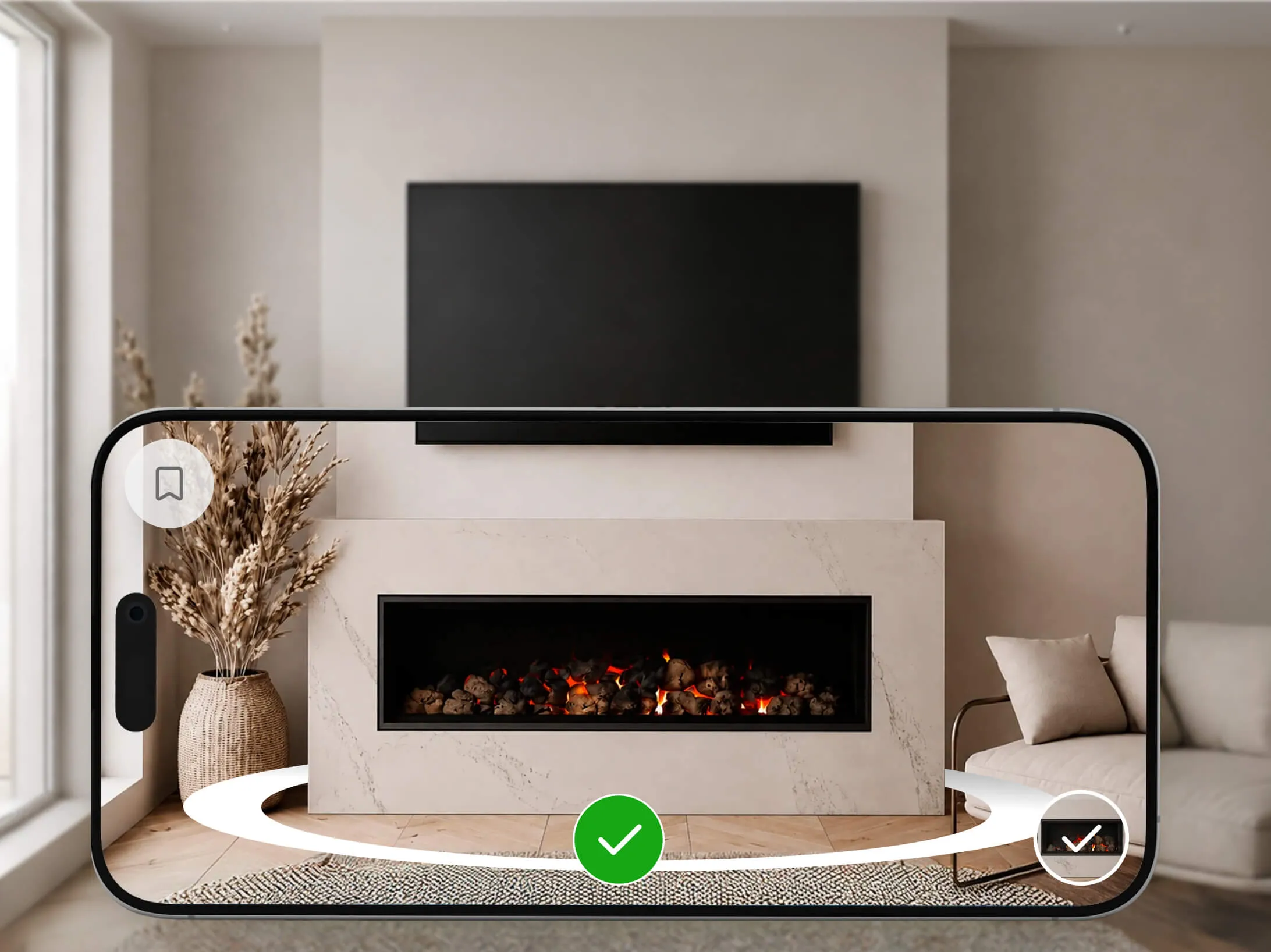 A phone camera placing a built-in fireplace on the wall beneath a TV, with the placement confirmed