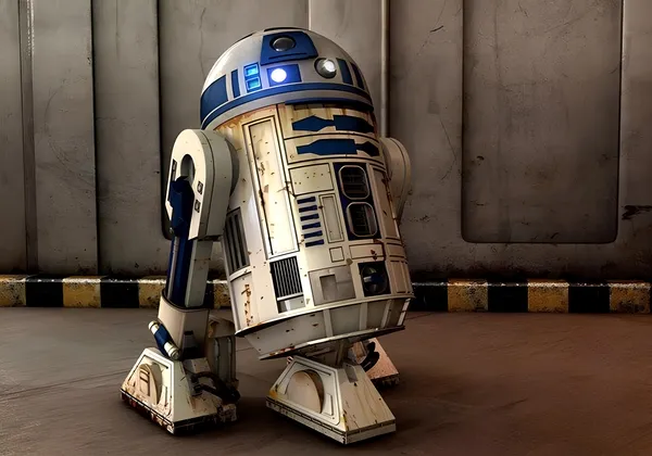 A detailed collectible astromech droid figure in an industrial corridor