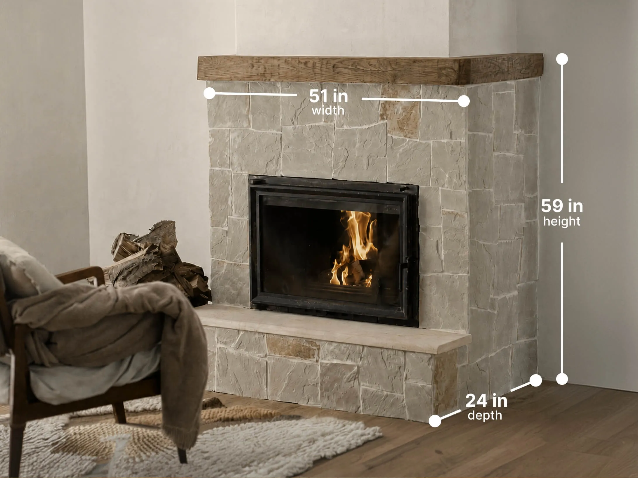 A stone fireplace in a living room with width, height, and depth dimensions called out