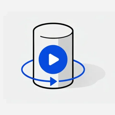 A rotating cylinder with a play button, representing 360° views and animations