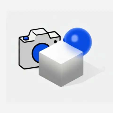 A camera and 3D primitives icon representing photorealistic rendering