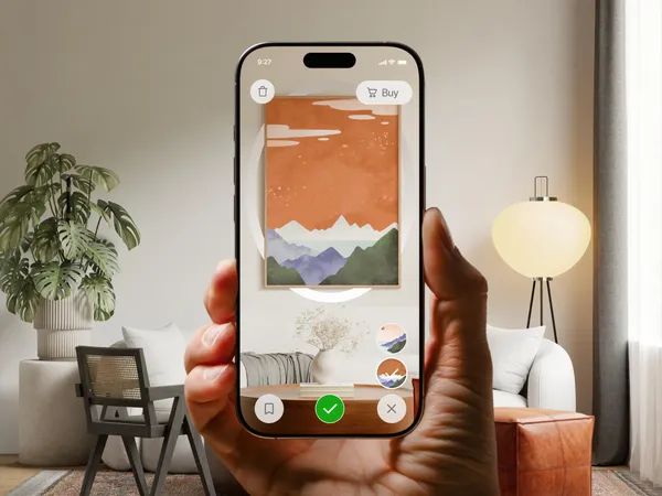 A phone previewing a framed mountain print on a living-room wall