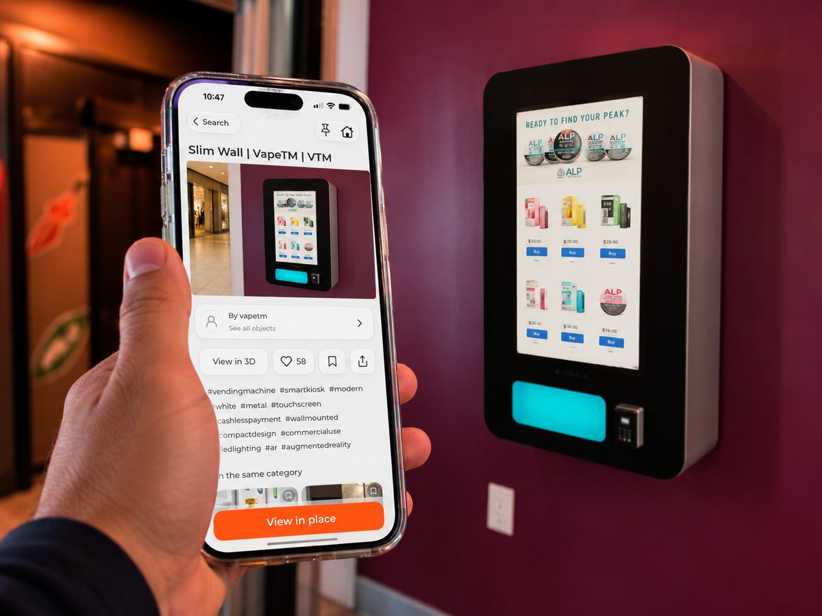 A phone shows the VTM Slim Wall machine page with a View in place button; the same machine stands on the venue wall at true scale