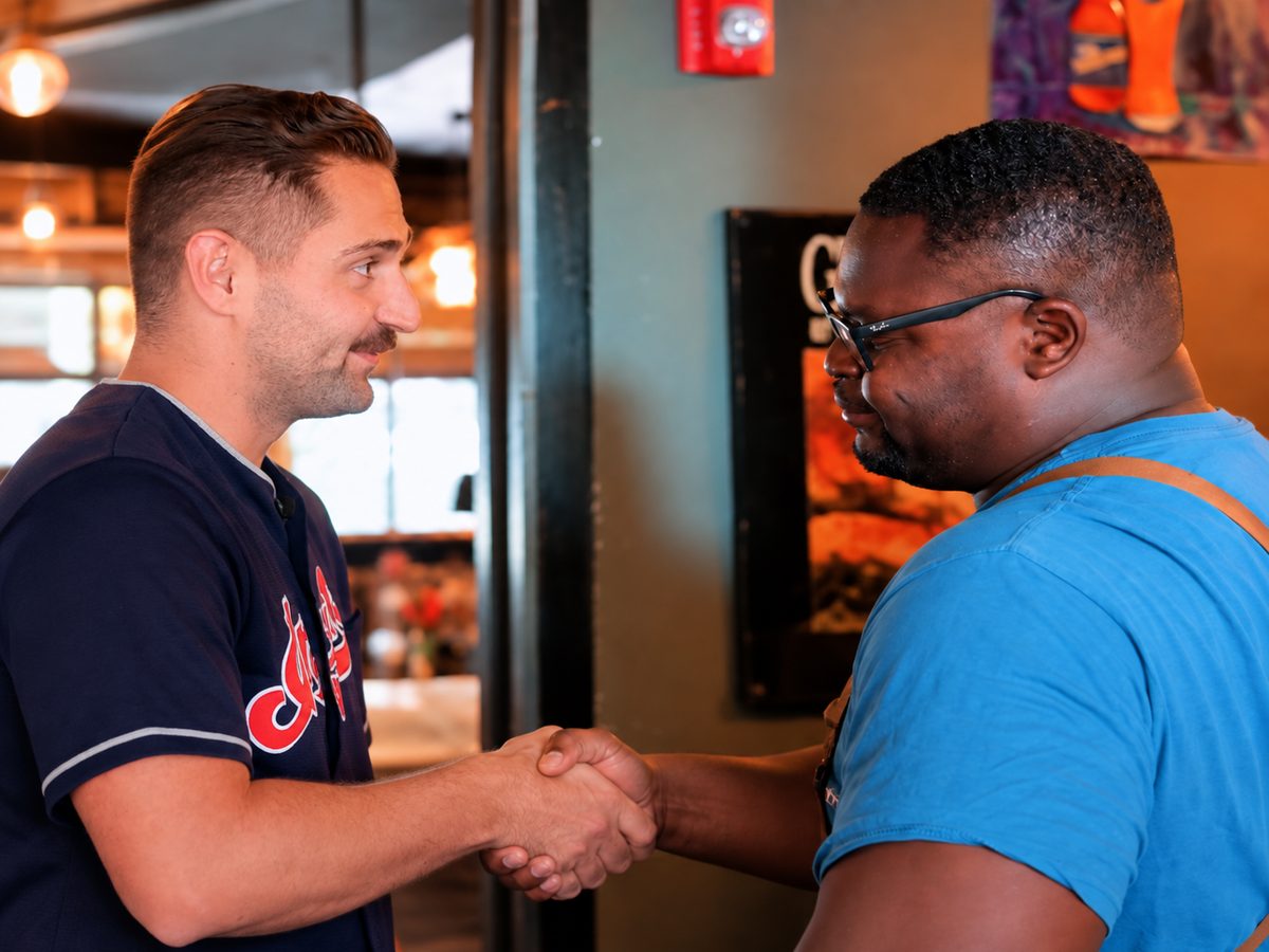 The rep and the bar owner shake hands after agreeing to place the machine