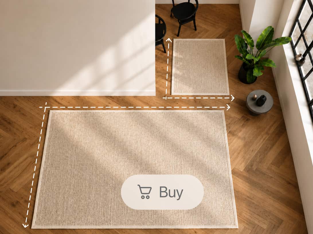 Top-down view of a room with two sizes of the same rug laid out, size lines drawn around them and a Buy button